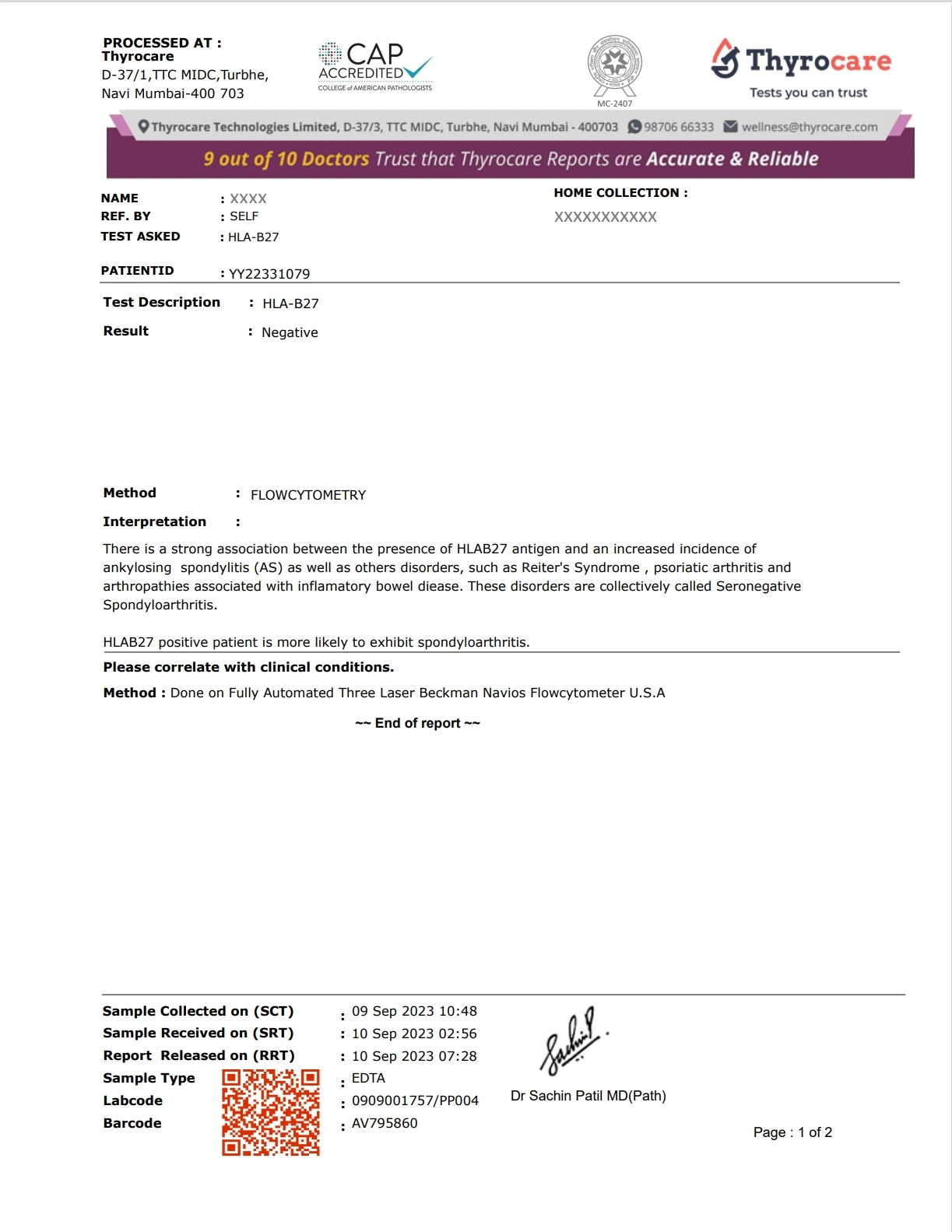 HLA B27 Test Sample Report