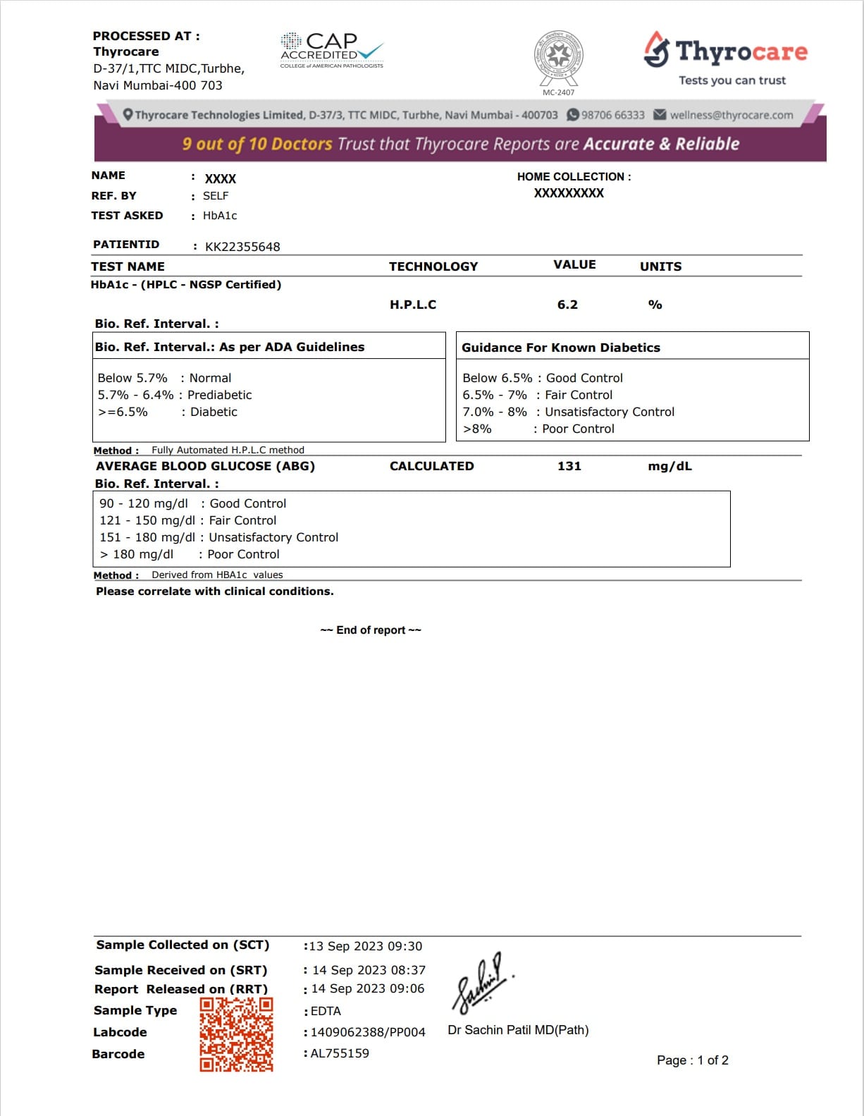 HbA1c Test Sample Report