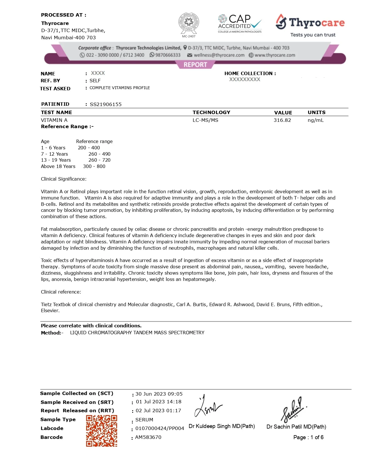 Complete Vitamin Profile Sample Report