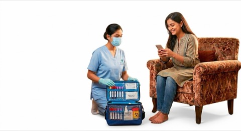 Technician collecting a blood sample from a woman at home